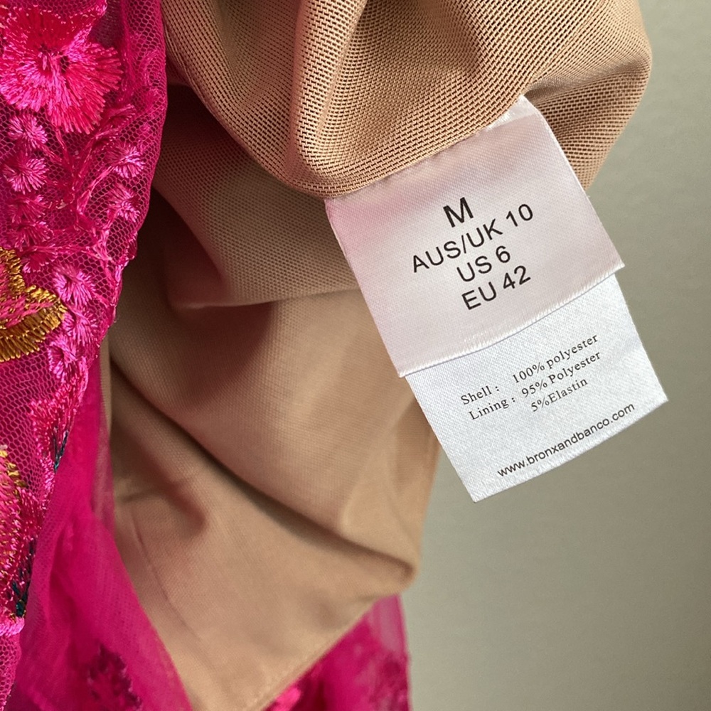 Bronx and Banco Hot Pink Lace Appliqué Asymmetric Midi Dress - Picture 12 of 16